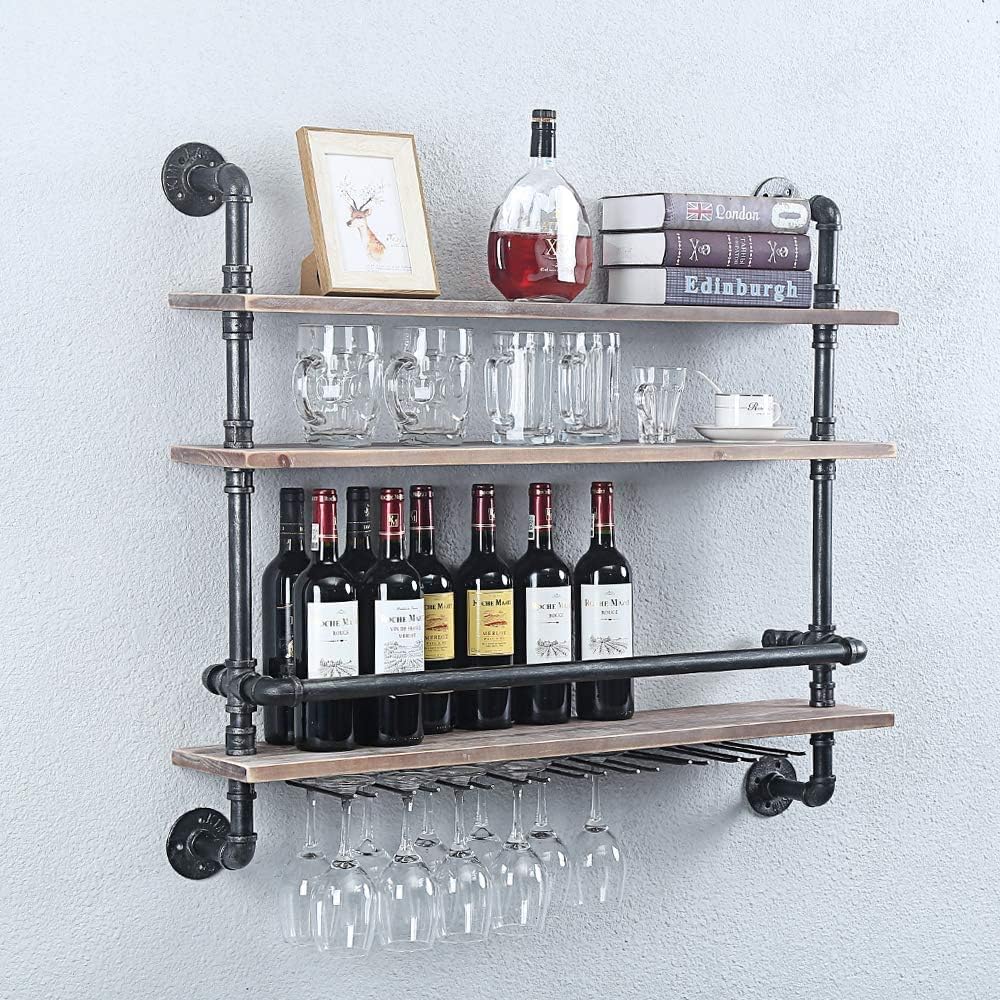 Pimex Wall-Mounted 3-Layer Wine Rack with Glass Holders