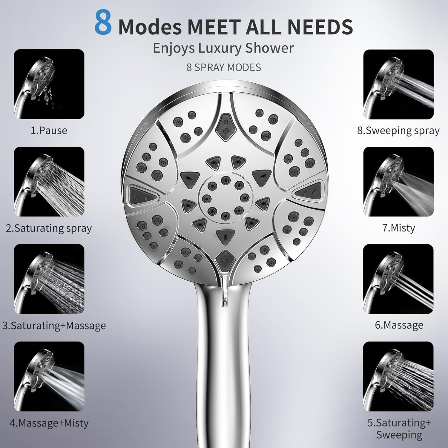 VKZK High Pressure 8 Mode Handheld Shower Head with Stainless Steel Hose