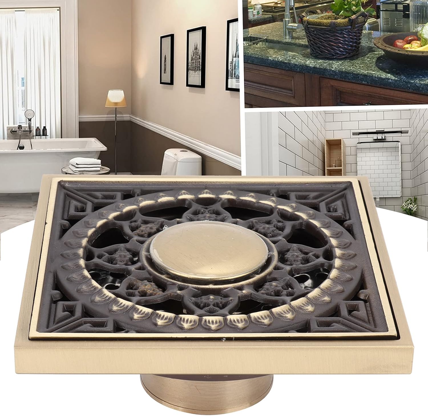 OUKENS 39x39in Square Art Carved Copper Brass Floor Drain Kit