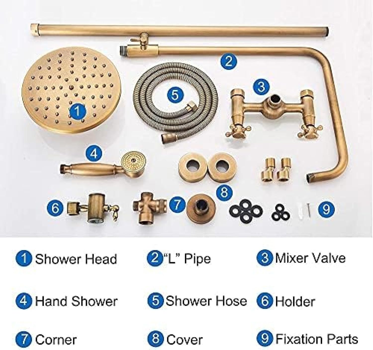 TECKI Antique Brass Shower Faucet Set with Rainfall Head and Handheld Shower