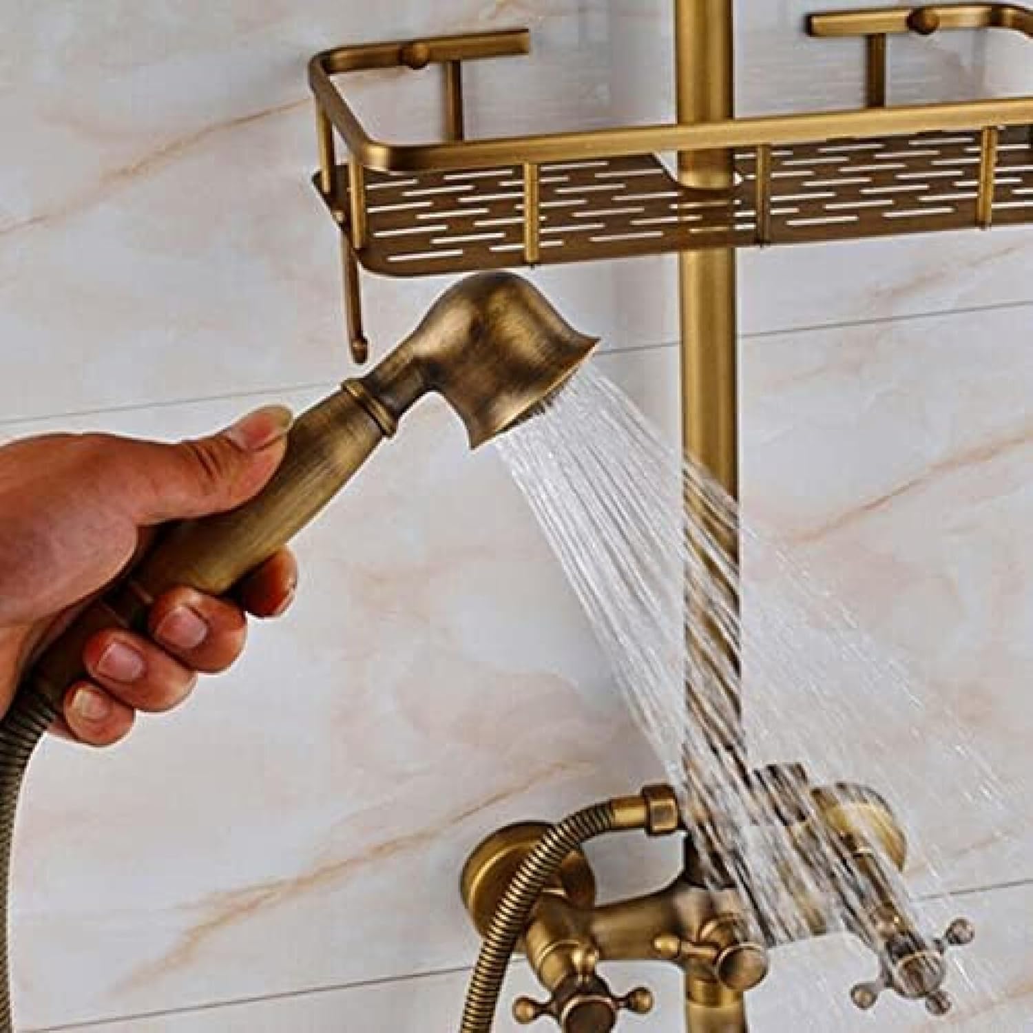 TECKI Rainfall Shower Faucet Set with Antique Brass Handheld Head