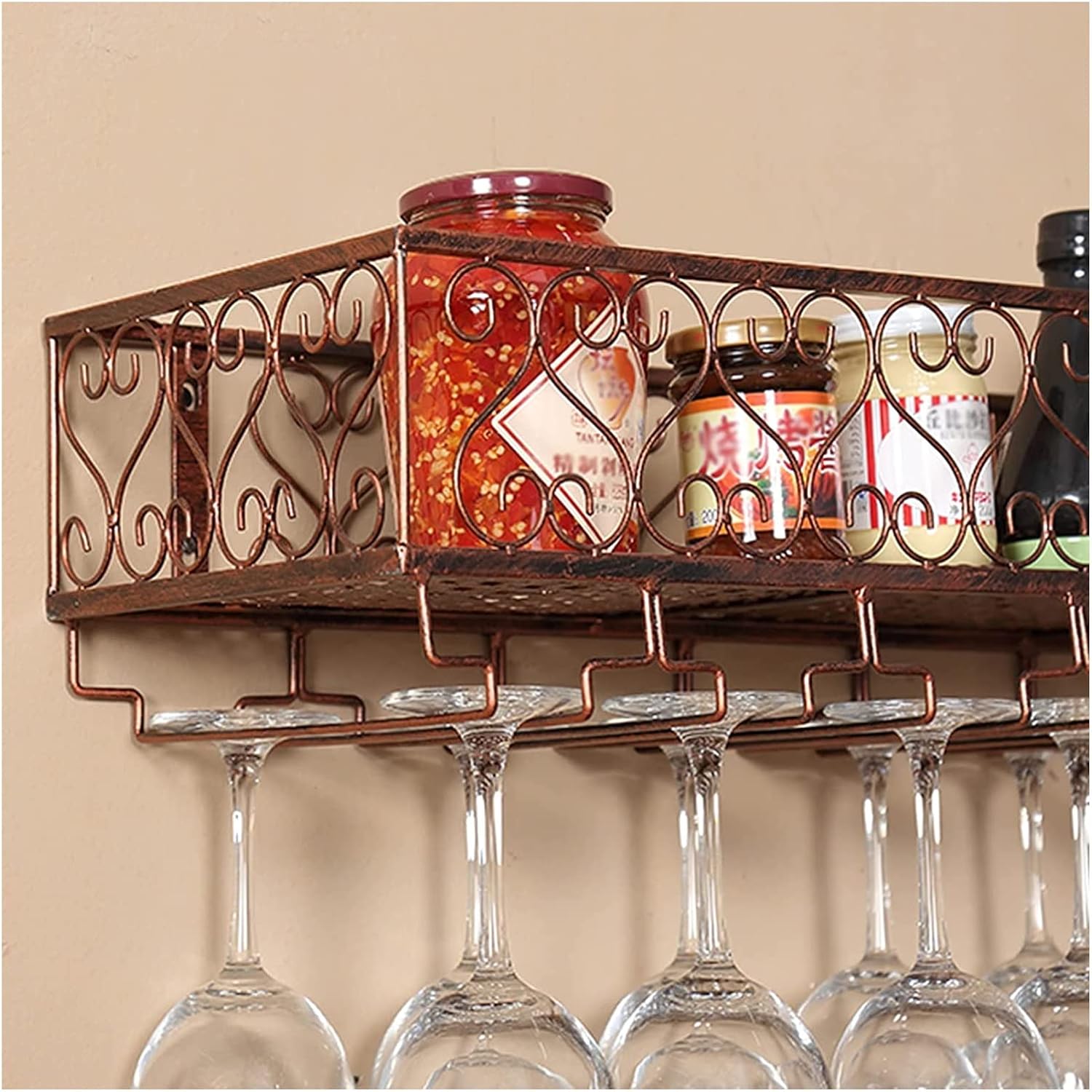 ALDEPO Wall Mounted Wine Rack with Glass Holder - Bronze 60x25x16cm