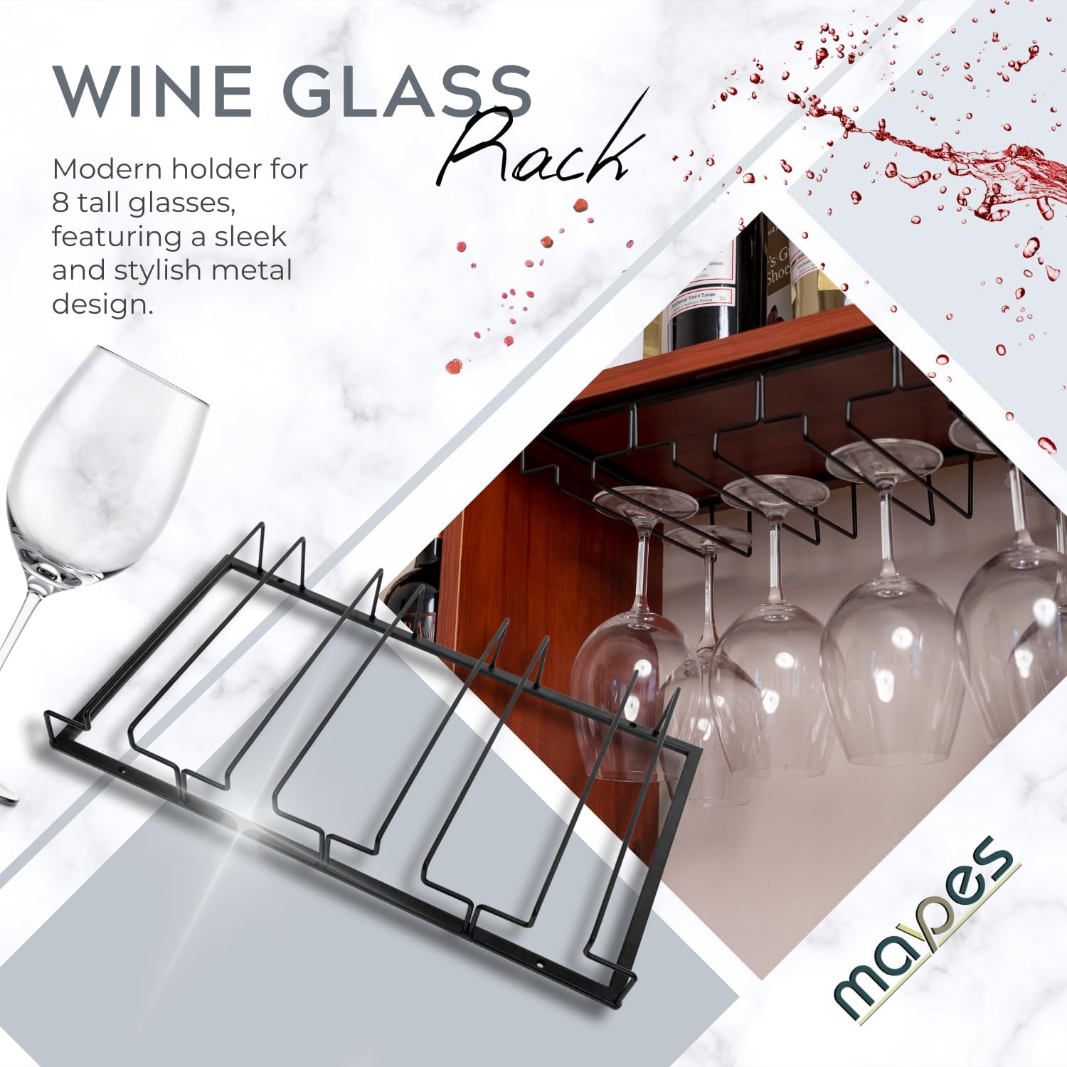 Maypes Wine Glass Holder - 4-Rack Heavy-Duty Metal Under Cabinet