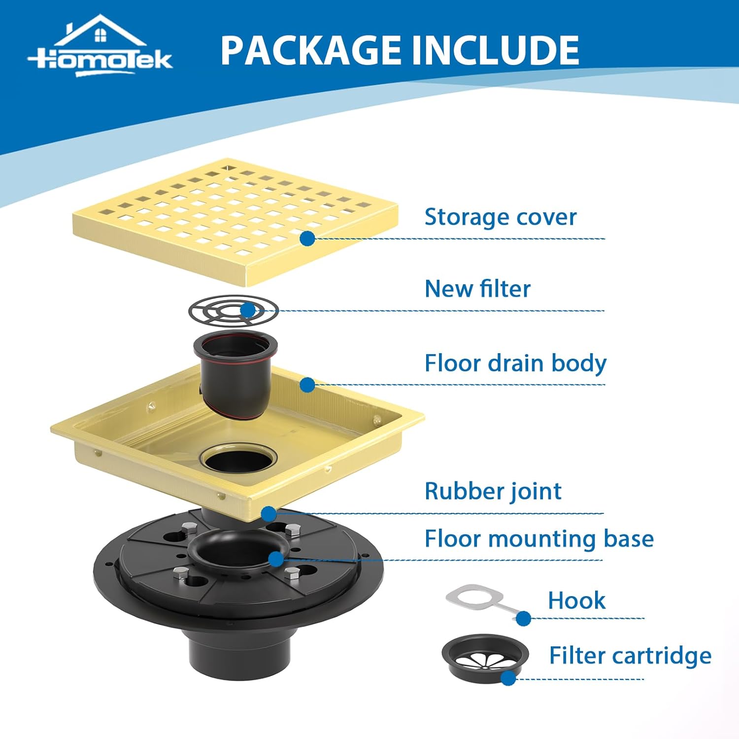 HOMOTEK 6 Inch Shower Drain Kit with Flange and Brushed Gold Strainer