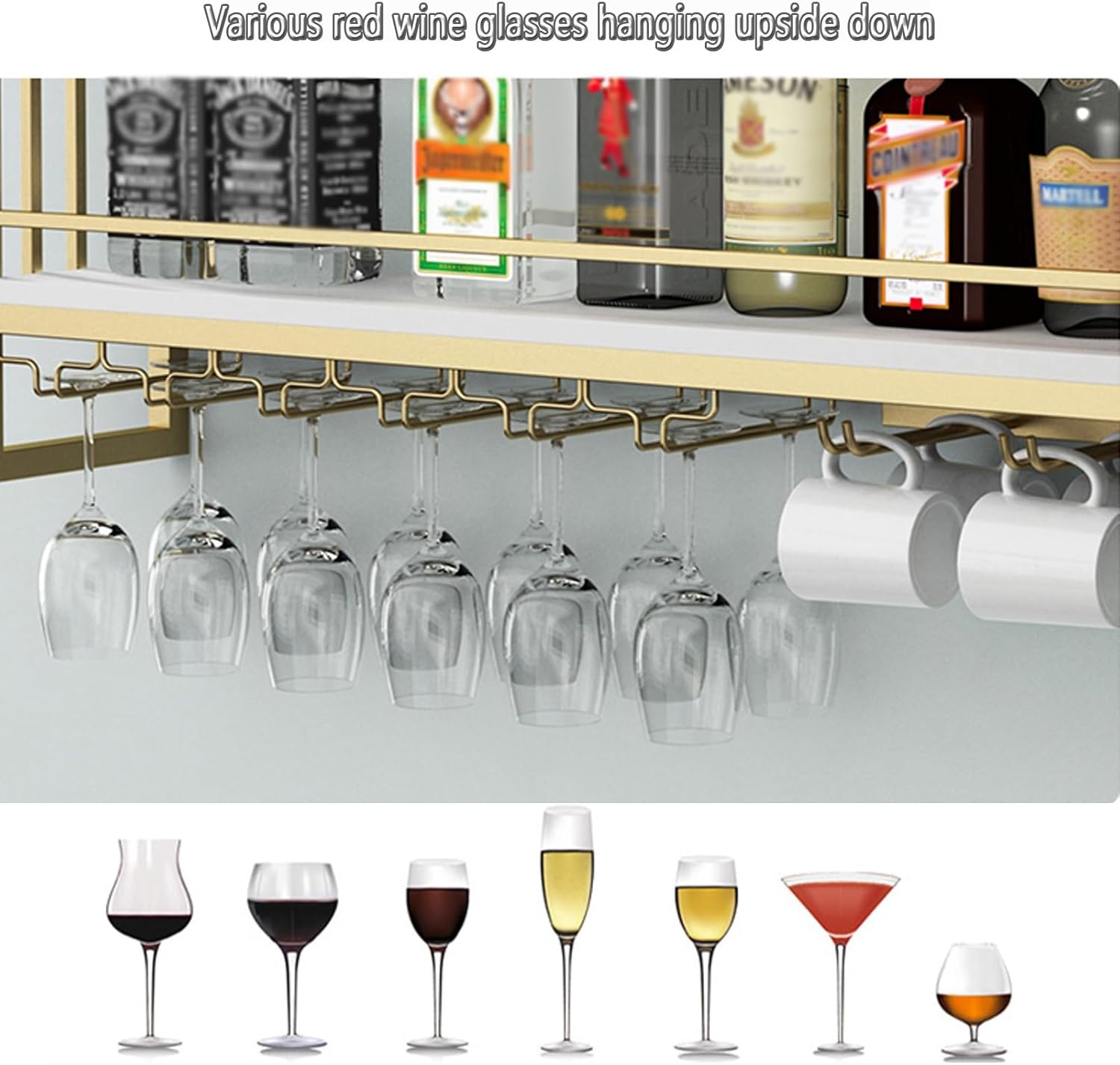 Wall Mounted Wine Rack Black 100cm Metal Holder with Glass Storage Shelves