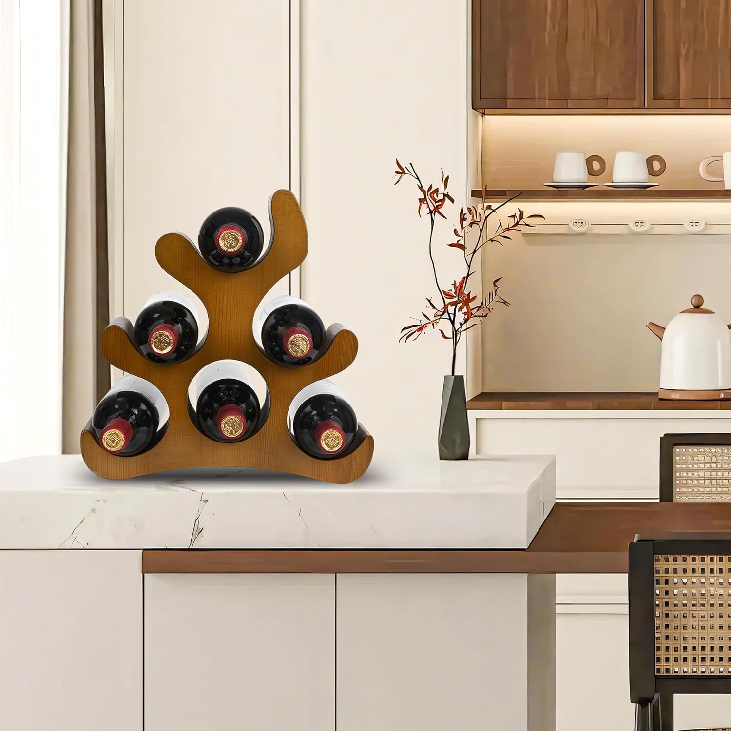 6 Bottle Countertop Wine Rack - Wooden Stand for Kitchen Bar Pantry