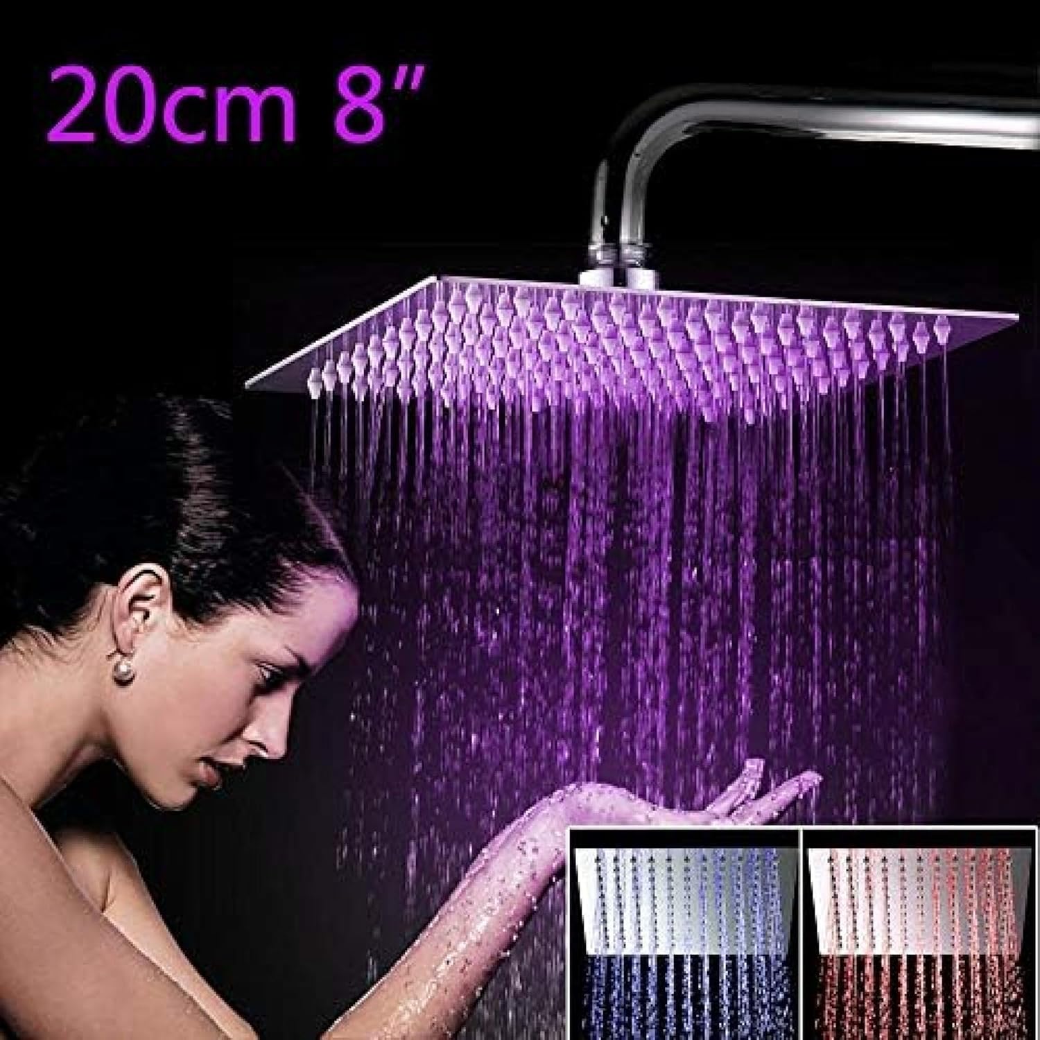TECKI Square Chrome LED Rain Shower Trim System 8 Inch