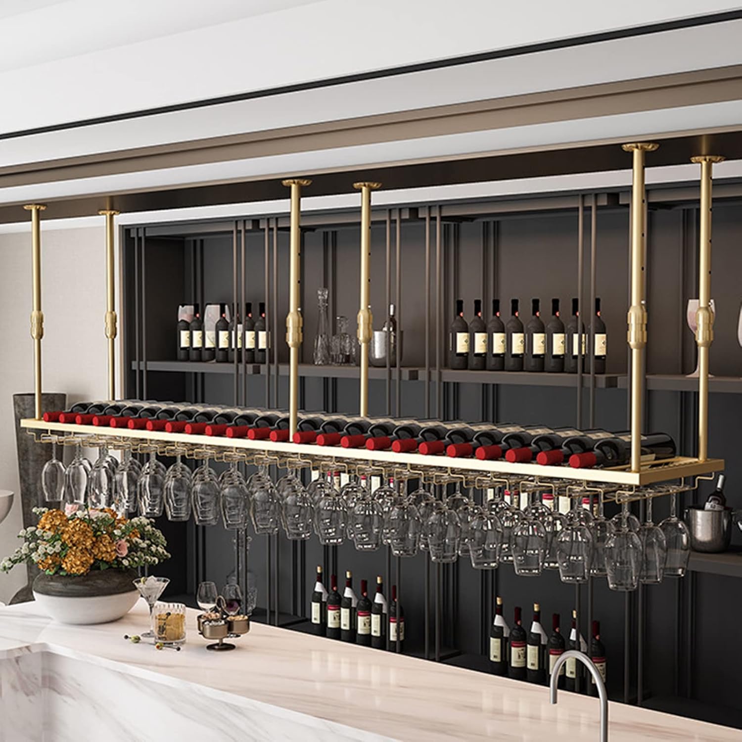 Ceiling Hanging Wine Rack with Glass Holder
