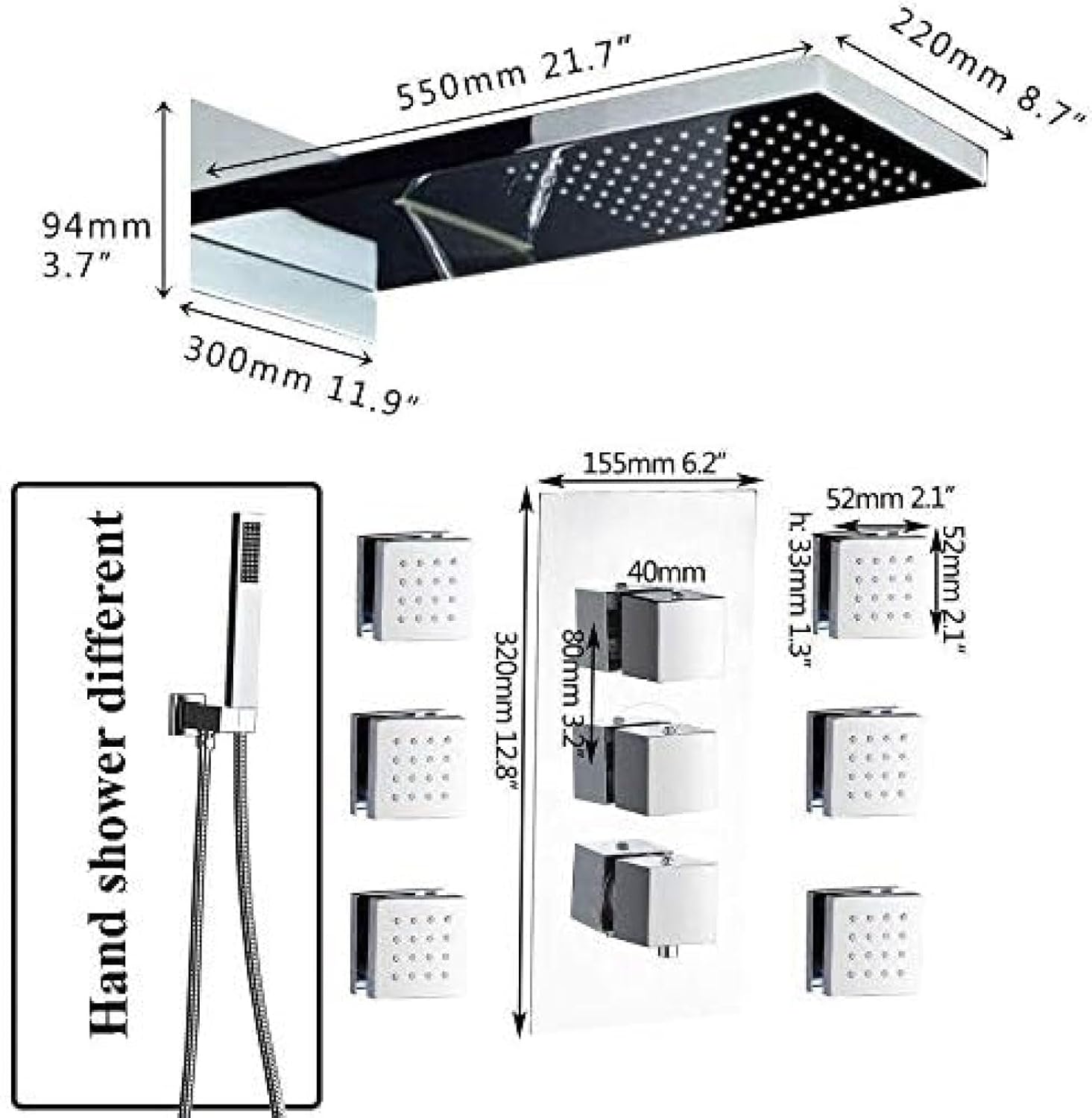 8 Inch Rain Shower Head System with Thermostatic Valve
