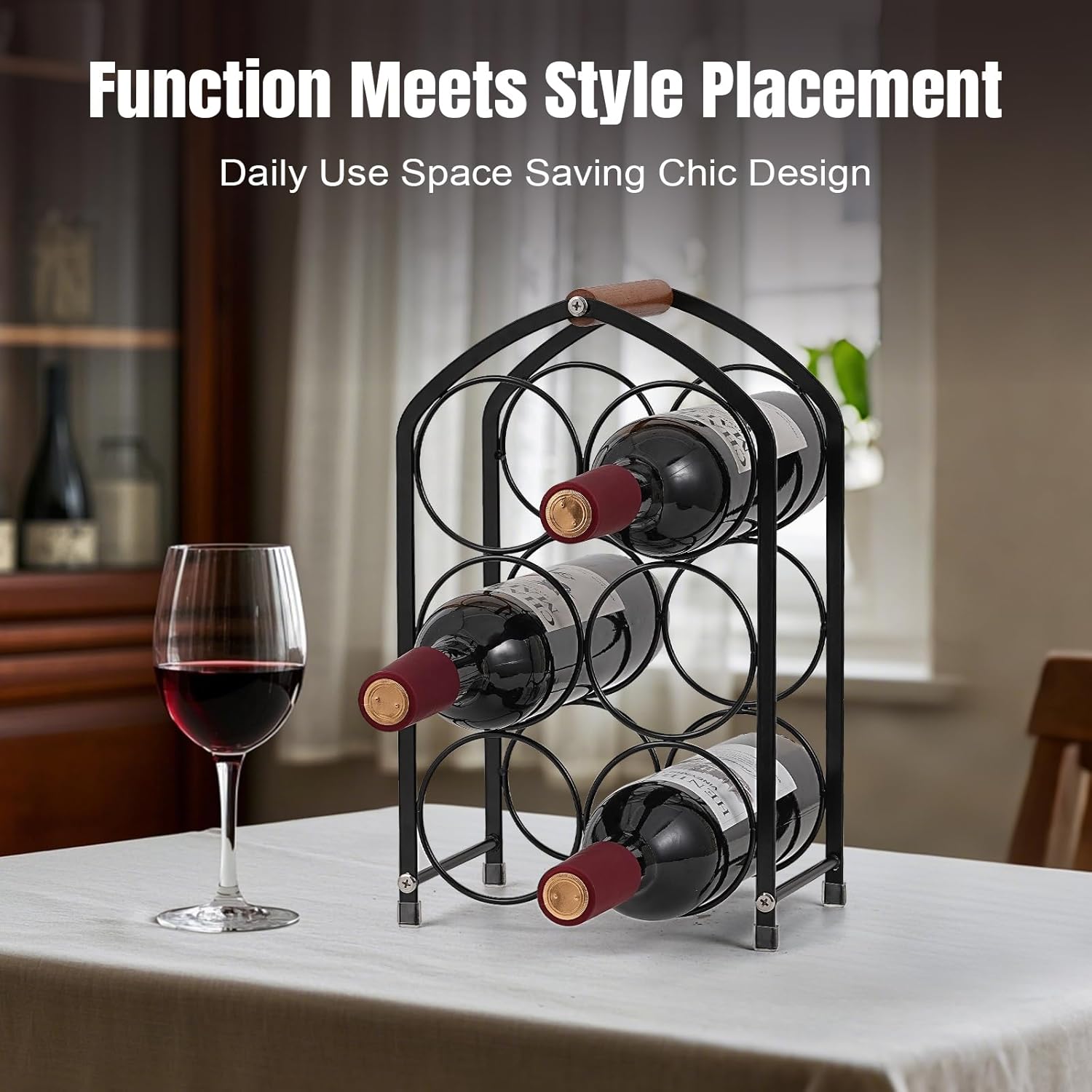 Tocemei 6-Bottle Tabletop Wine Rack with Wood Handle Arched Design Black
