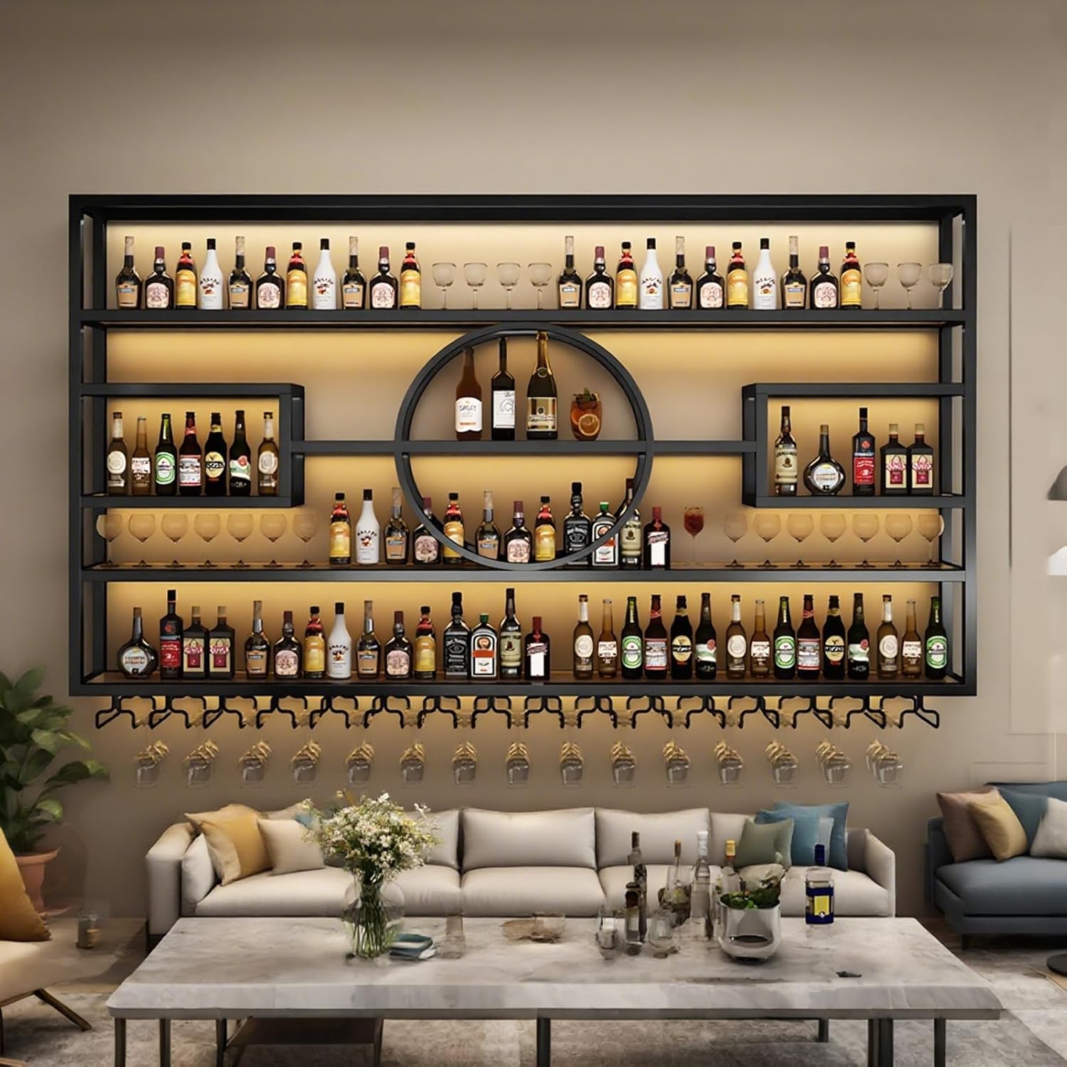 63in Wall Mounted Wine Rack Iron Display Stand for Bar Living Room