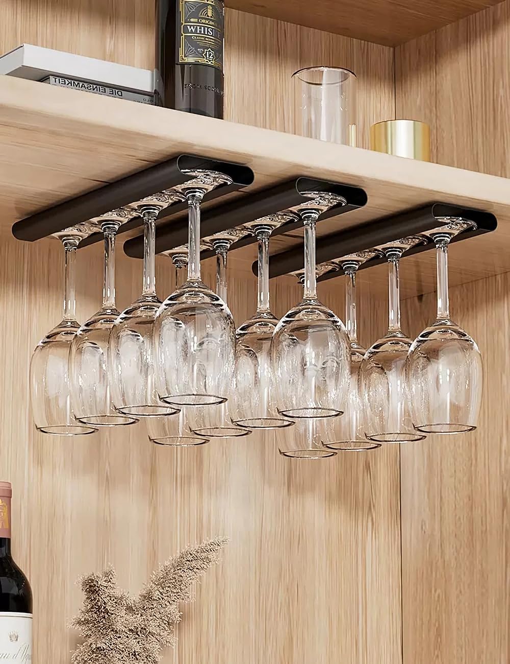 GeLive 12 Inch Wine Glass Holder Under Cabinet Set of 2 Black