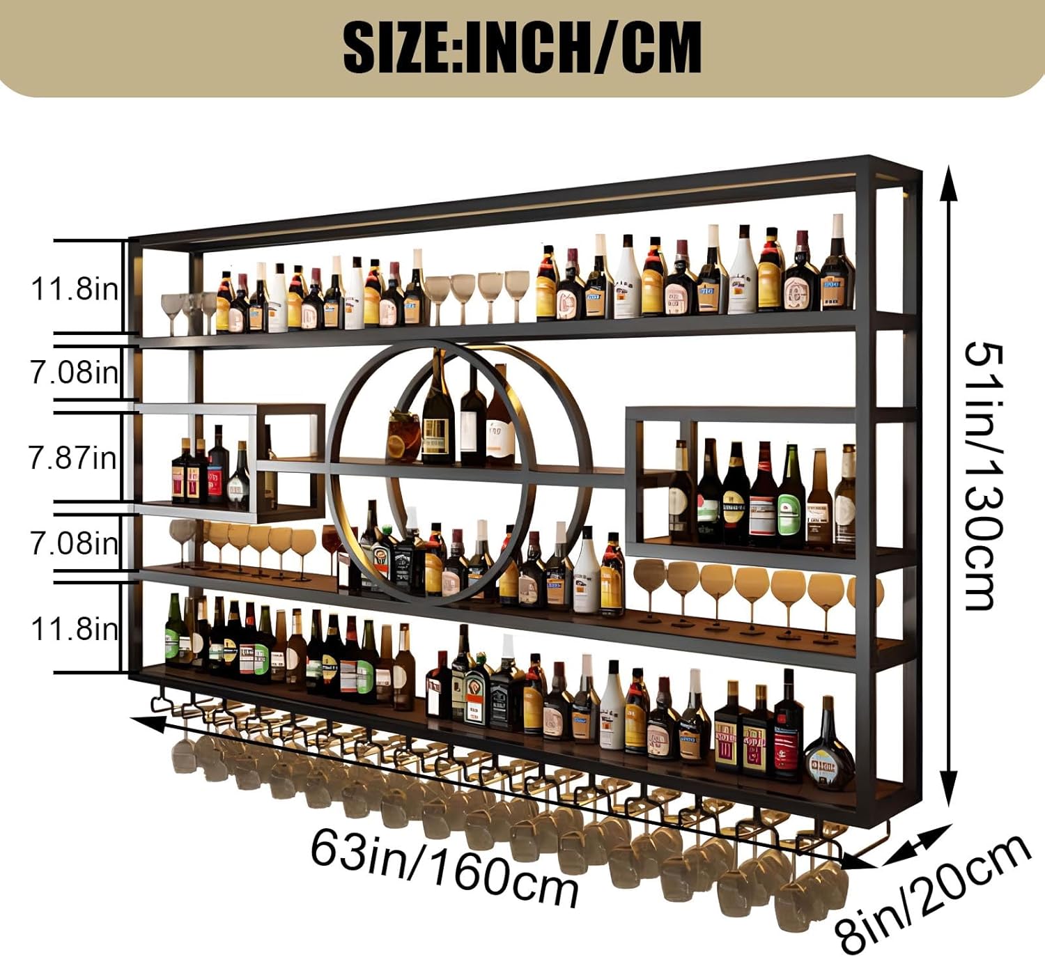 63in Wall Mounted Wine Rack Iron Display Stand for Bar Living Room