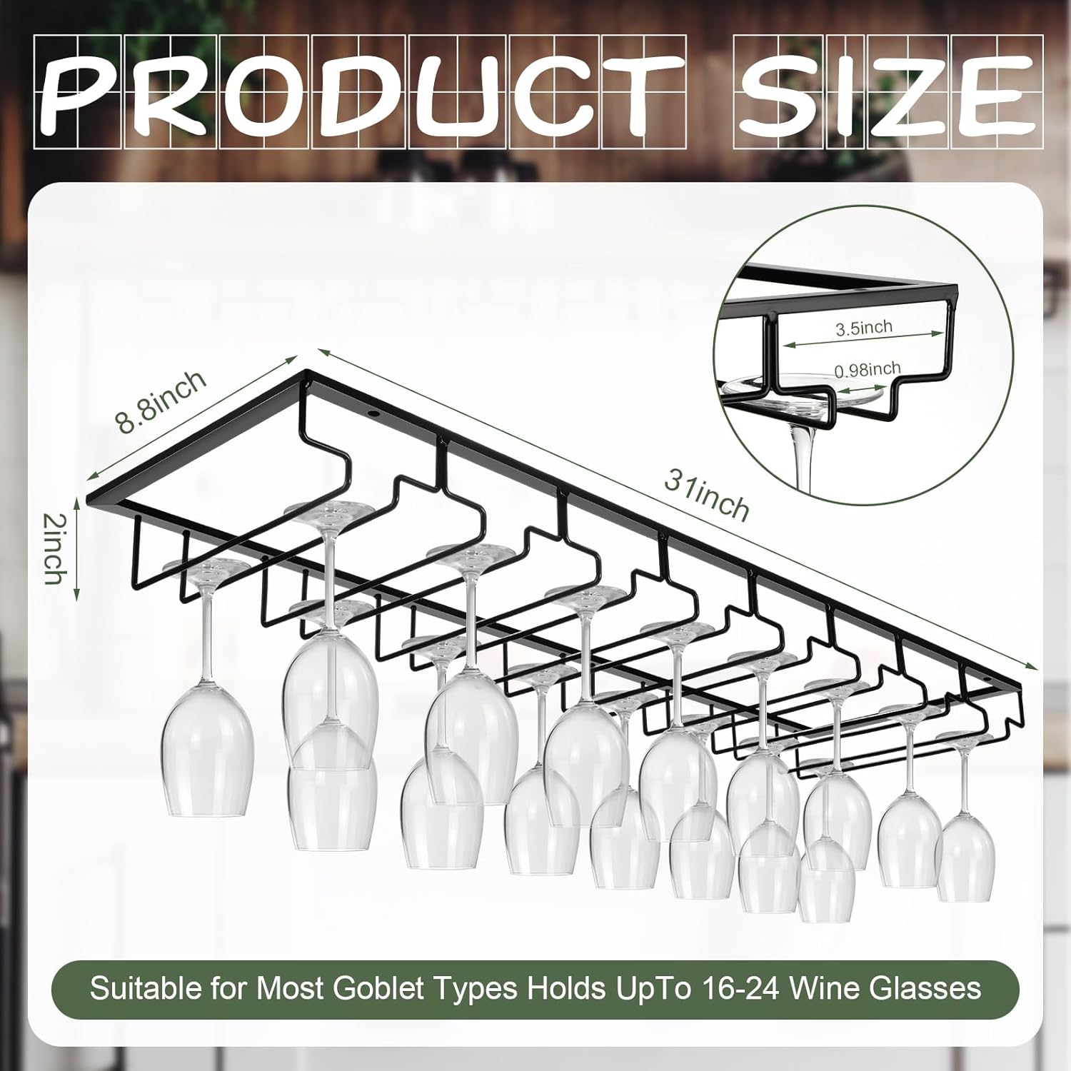 8 Row Wine Glass Rack for Cabinet Kitchen Bar Counter Black