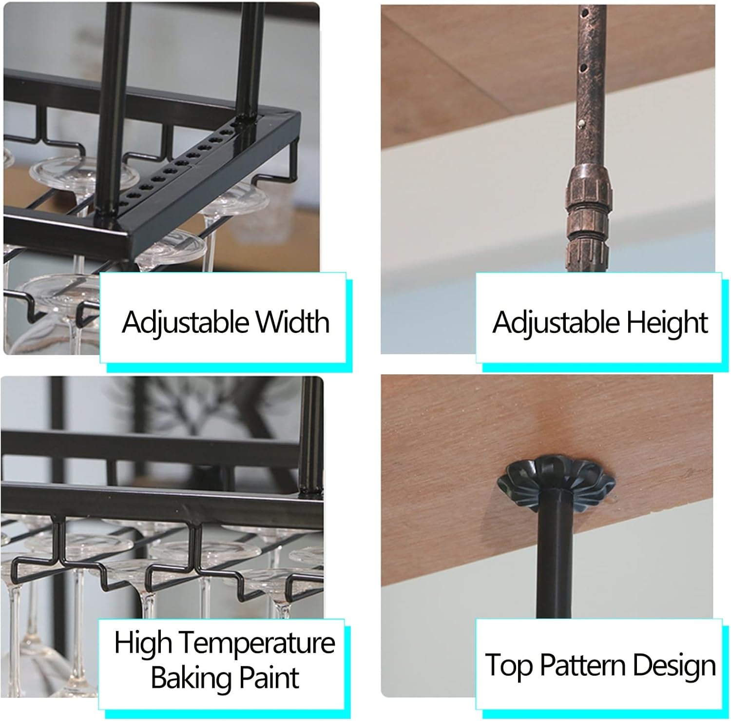 Ceiling Wine Rack with Adjustable Glass Holder Sturdy Metal Design Black 100x35cm
