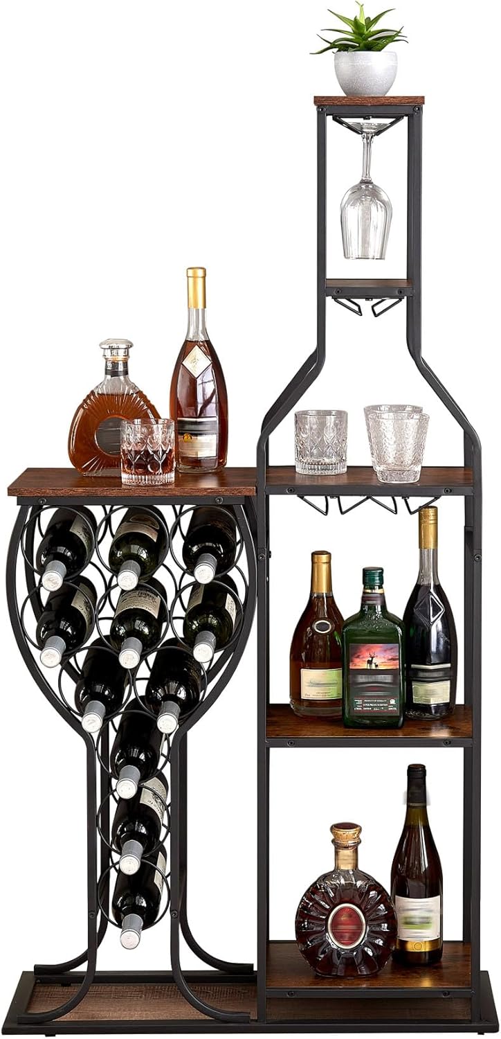 5 Tier Freestanding Wine Rack with 11 Bottle Capacity and Glasses Holder Brown