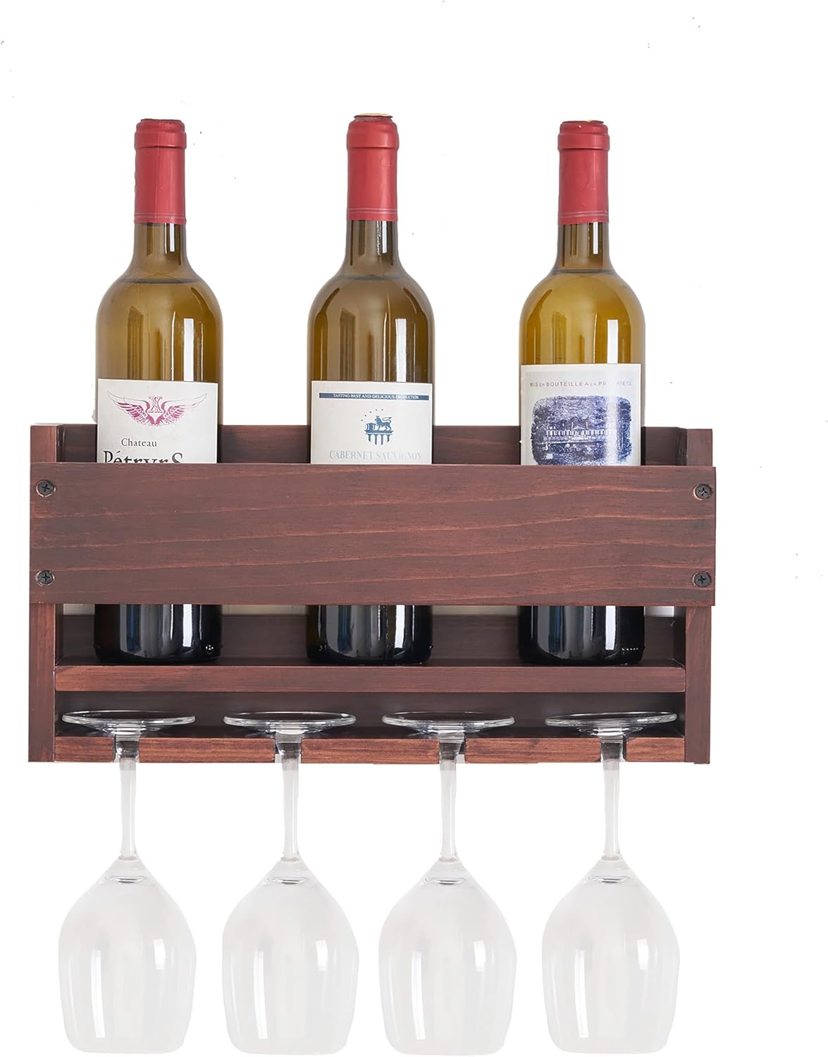 Wall-Mounted Wine Rack with 4 Bottles and 4 Glasses Holder