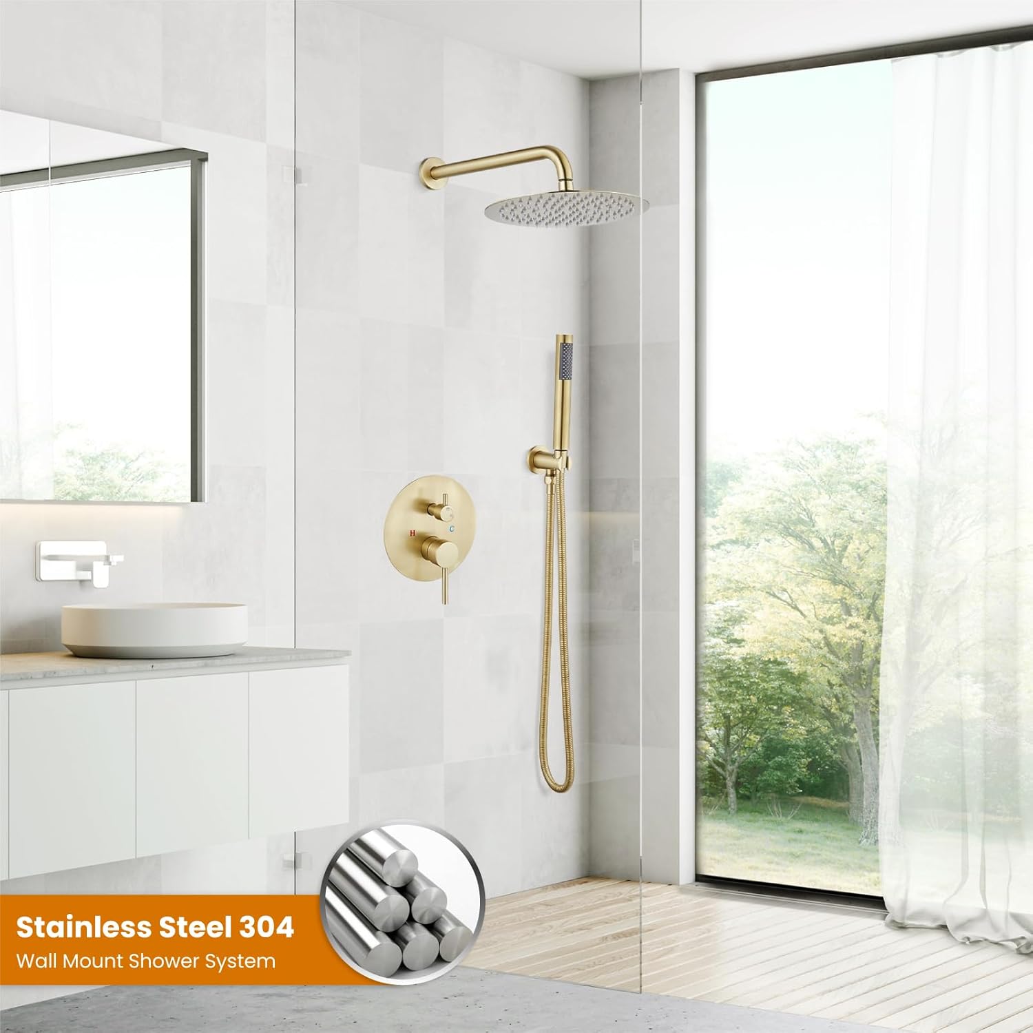 gotonovo 10 Inch Round Rainfall Showerhead with Handheld Spray and Rough In Valve