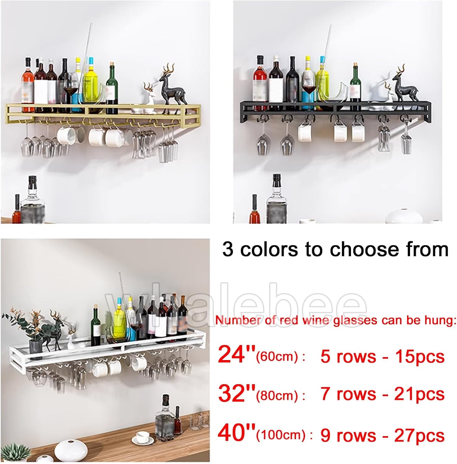 Whalebee Wall-Mounted Wine Glass Rack - 5 Rows Black Gold White