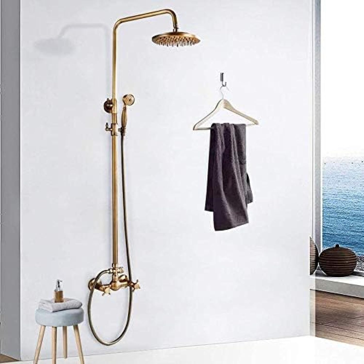 TECKI Antique Brass Shower Faucet Set with Rainfall Head and Handheld Shower