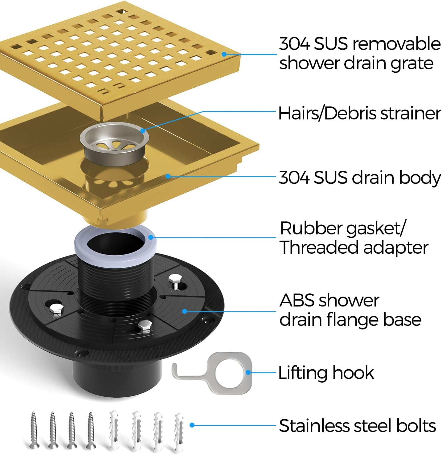 Zaa 6 Inch Square Shower Drain Kit with Gold Hair Strainer