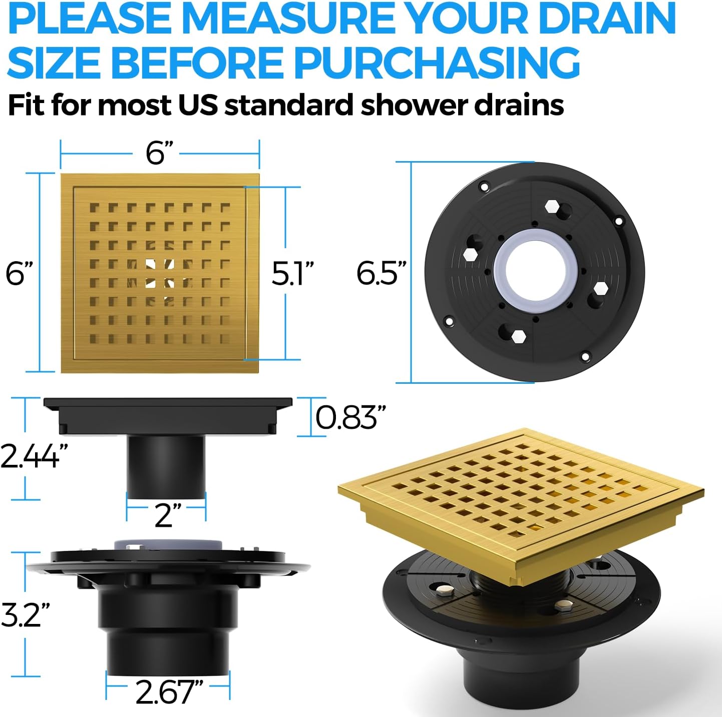 Zaa 6 Inch Square Shower Drain Kit with Gold Hair Strainer