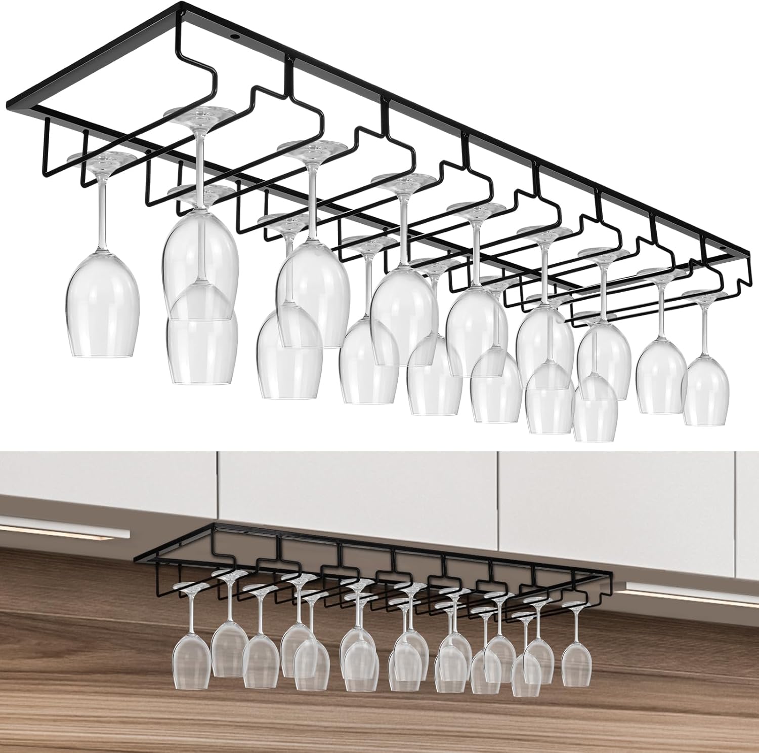 8 Row Wine Glass Rack for Cabinet Kitchen Bar Counter Black