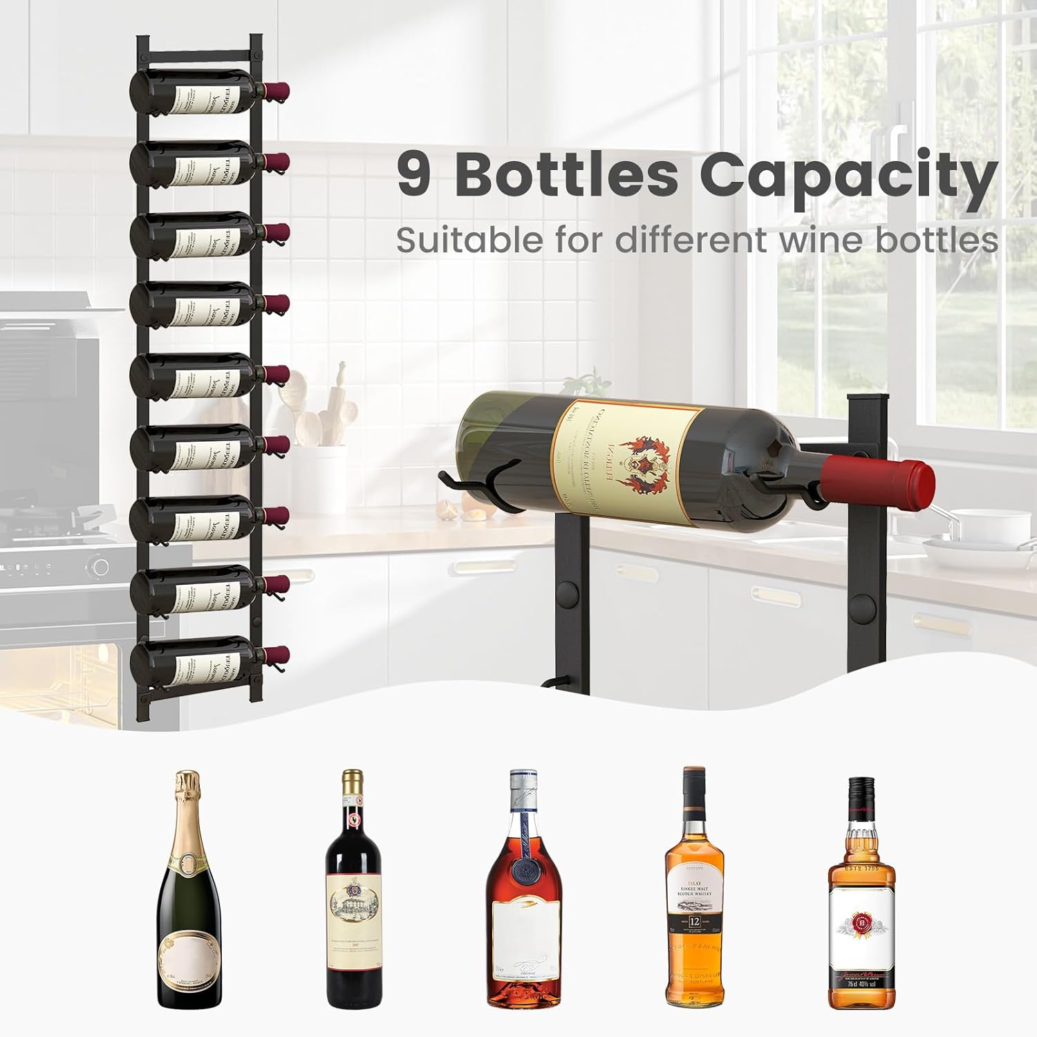 GOFLAME Wall Mounted Wine Rack for 9 Bottles