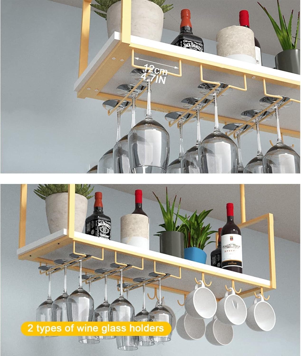 Ceiling Wine Glass Rack - Metal Display Stand with 2 Glass Holders