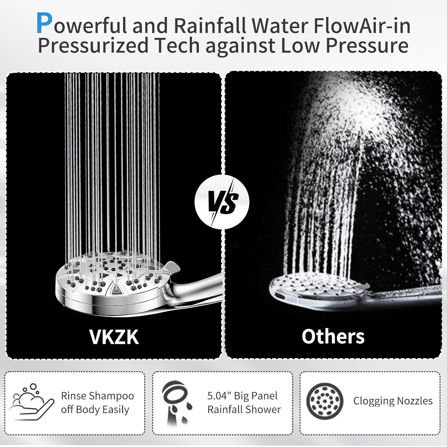 VKZK High Pressure 8 Mode Handheld Shower Head with Stainless Steel Hose