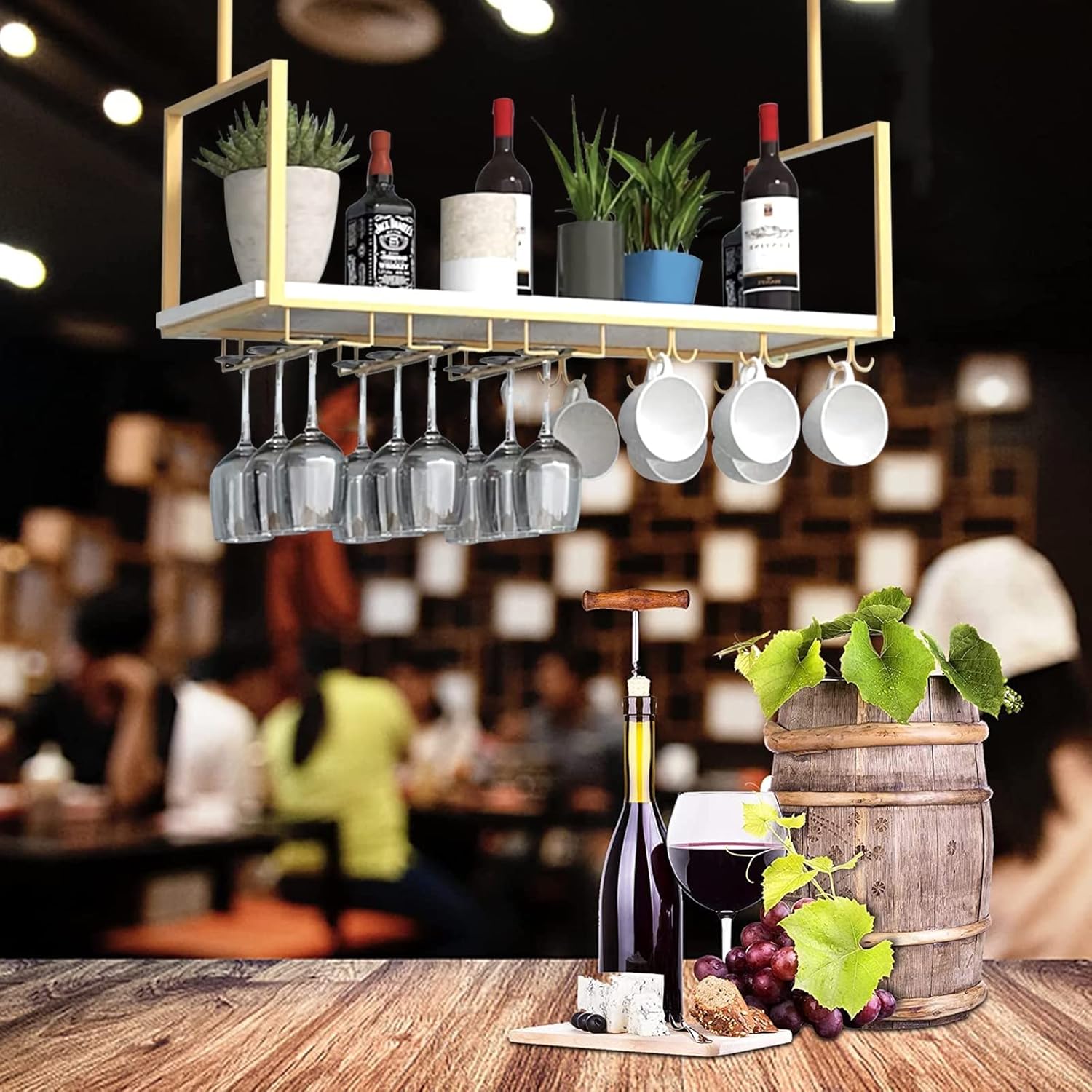 Ceiling Wine Glass Rack - Metal Display Stand with 2 Glass Holders