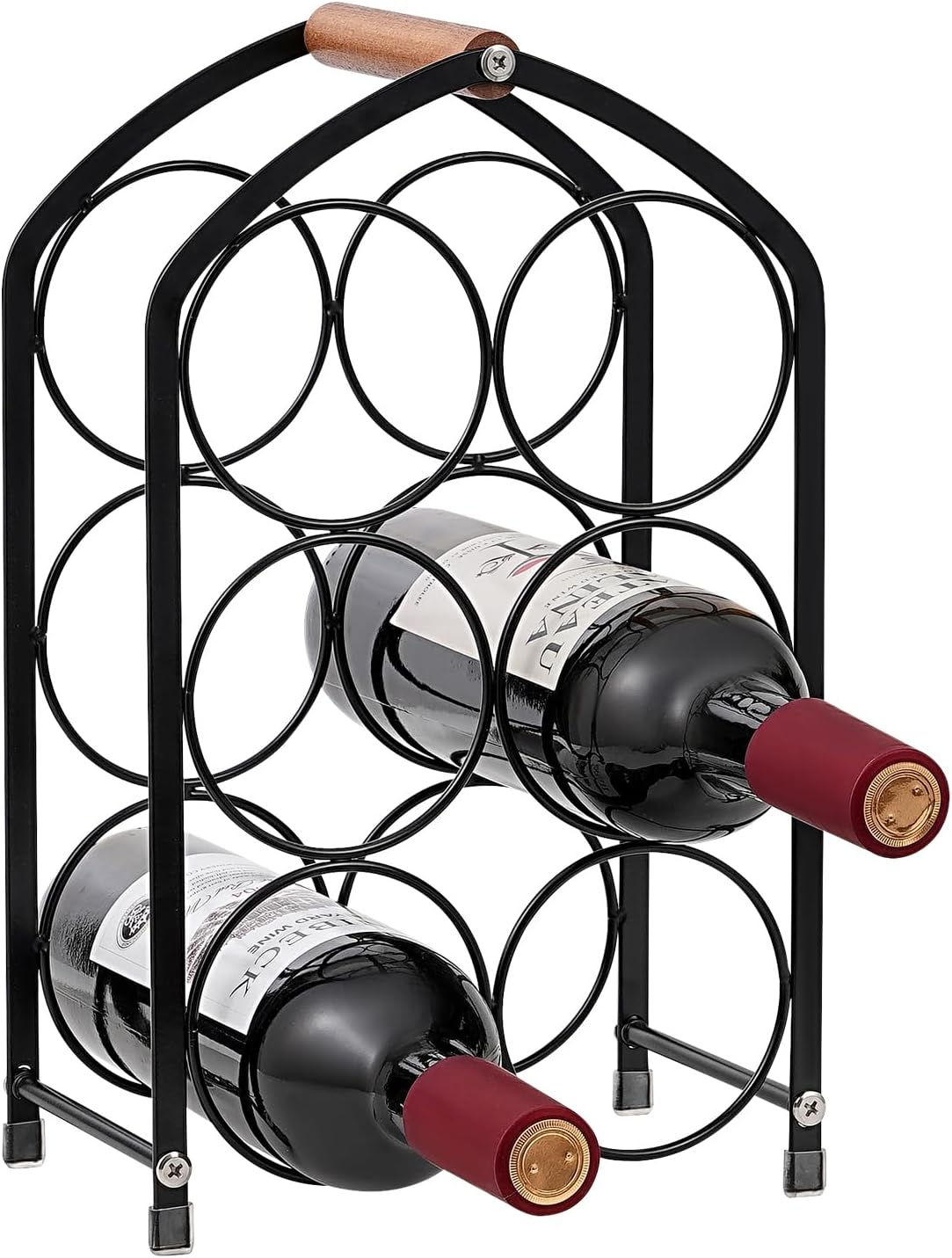 Tocemei 6-Bottle Tabletop Wine Rack with Wood Handle Arched Design Black