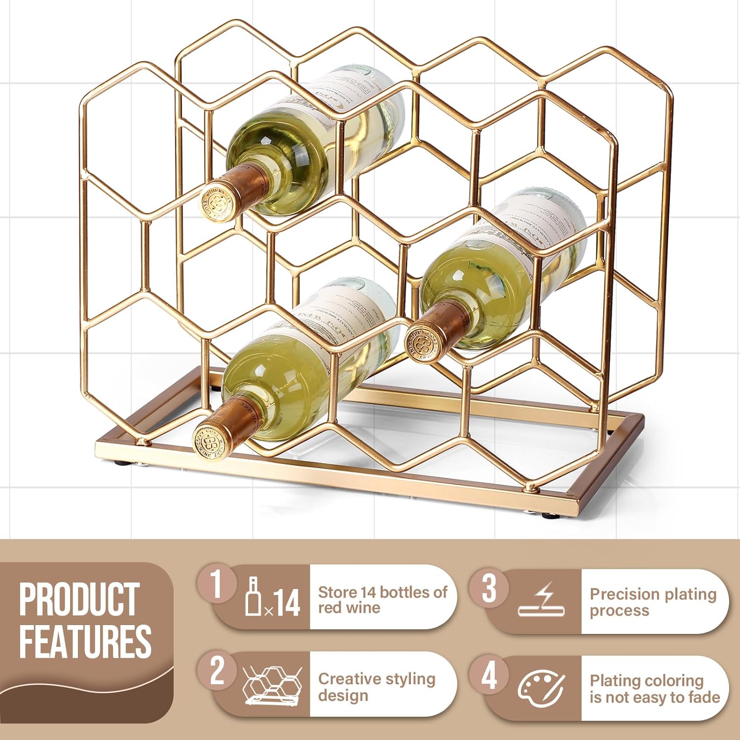 14 Bottle Countertop Wine Rack - Modern Gold Metal Design