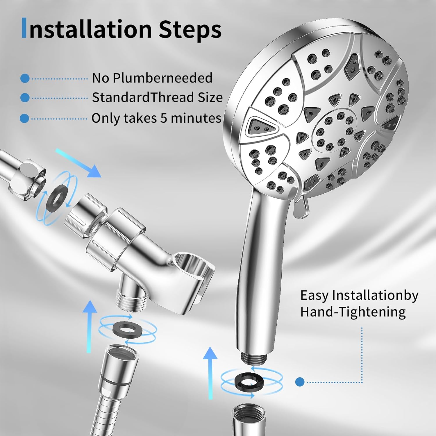 VKZK High Pressure 8 Mode Handheld Shower Head with Stainless Steel Hose