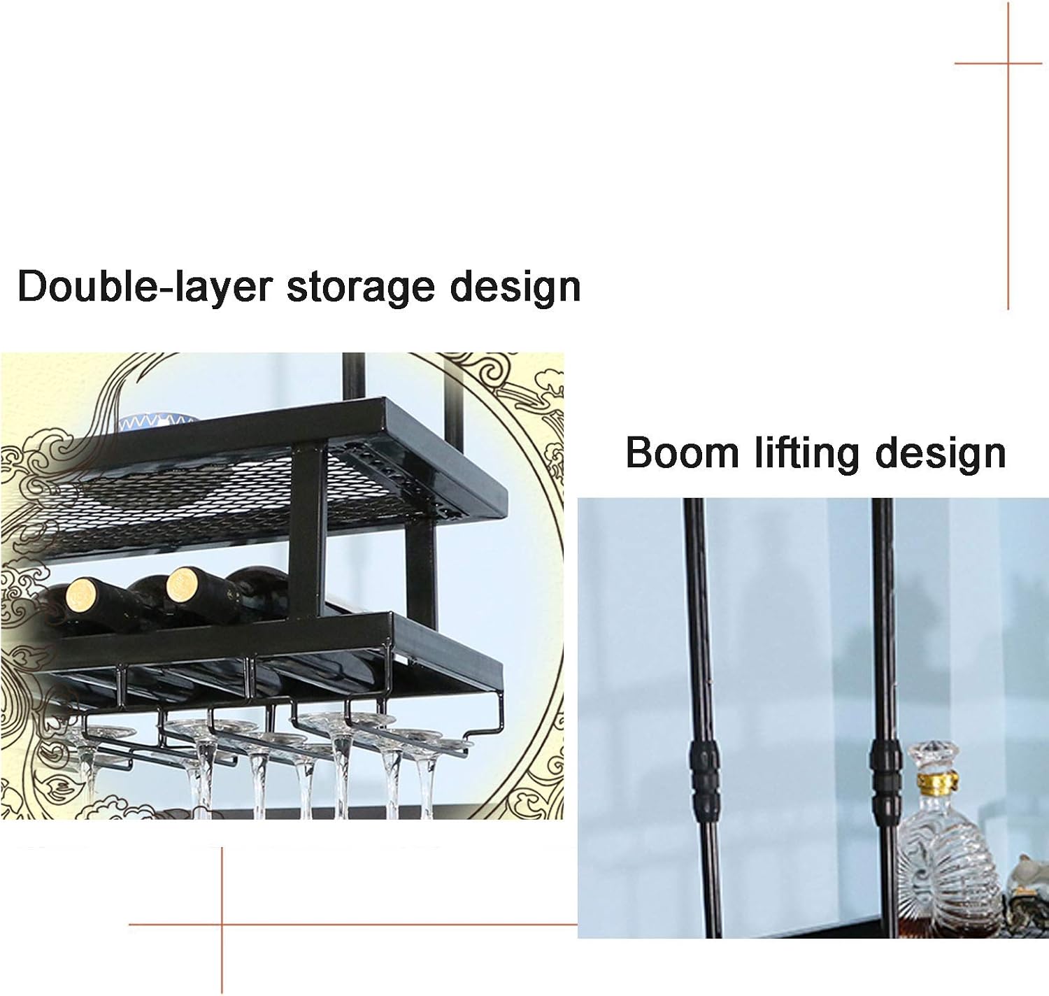 Wall-Mounted Wine Rack with Adjustable Ceiling Bar and 2 Layers