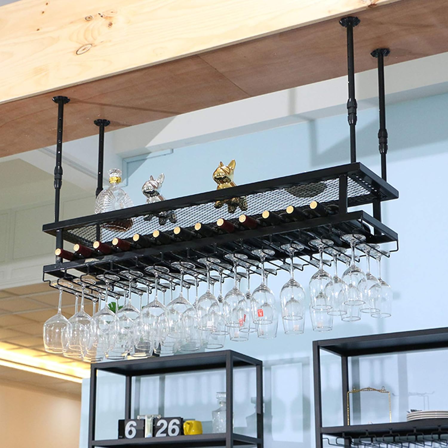 Wall-Mounted Wine Rack with Adjustable Ceiling Bar and 2 Layers