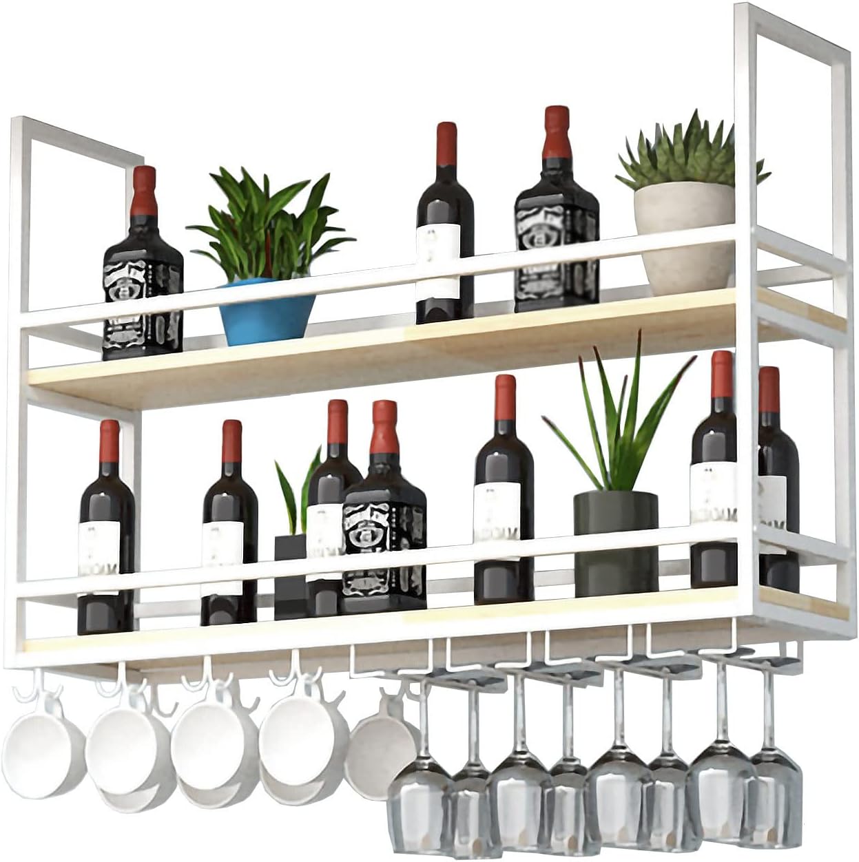 ZJDYDY 2 Tier Wall Mounted Wine Rack with Stemware Holder and Guard Rail