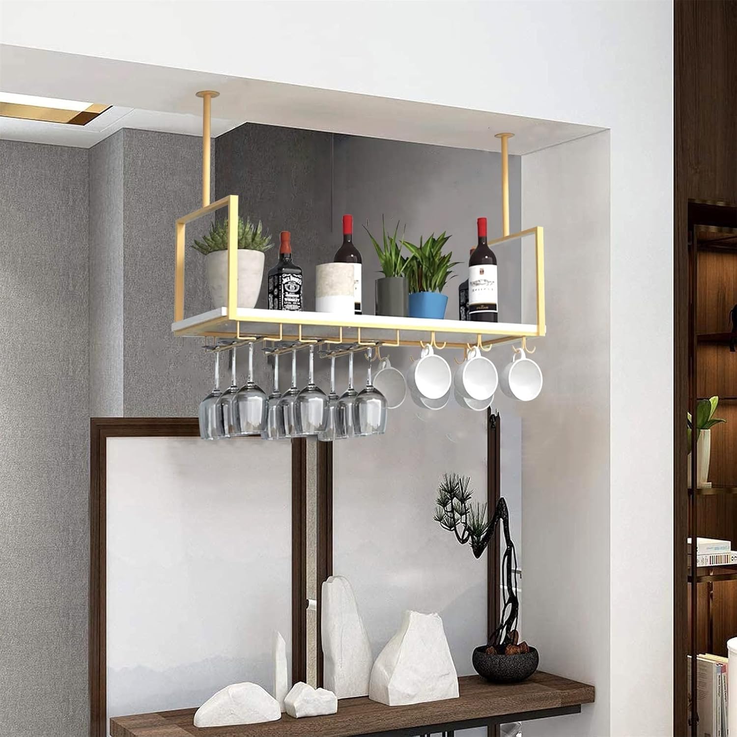 Ceiling Wine Glass Rack - Metal Display Stand with 2 Glass Holders