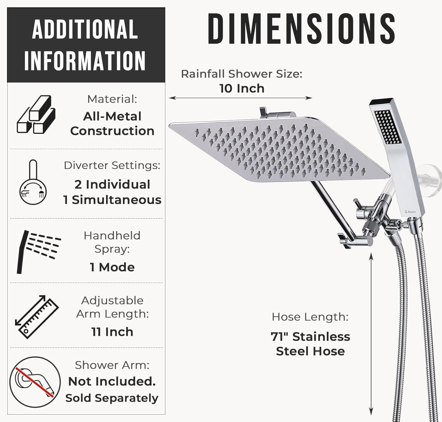 G-Promise All Metal 10 Inch Dual Square Shower Head Set