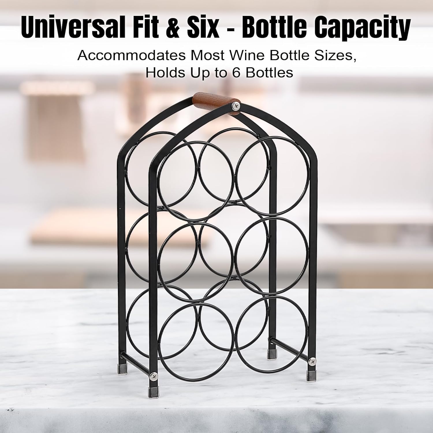 Tocemei 6-Bottle Tabletop Wine Rack with Wood Handle Arched Design Black