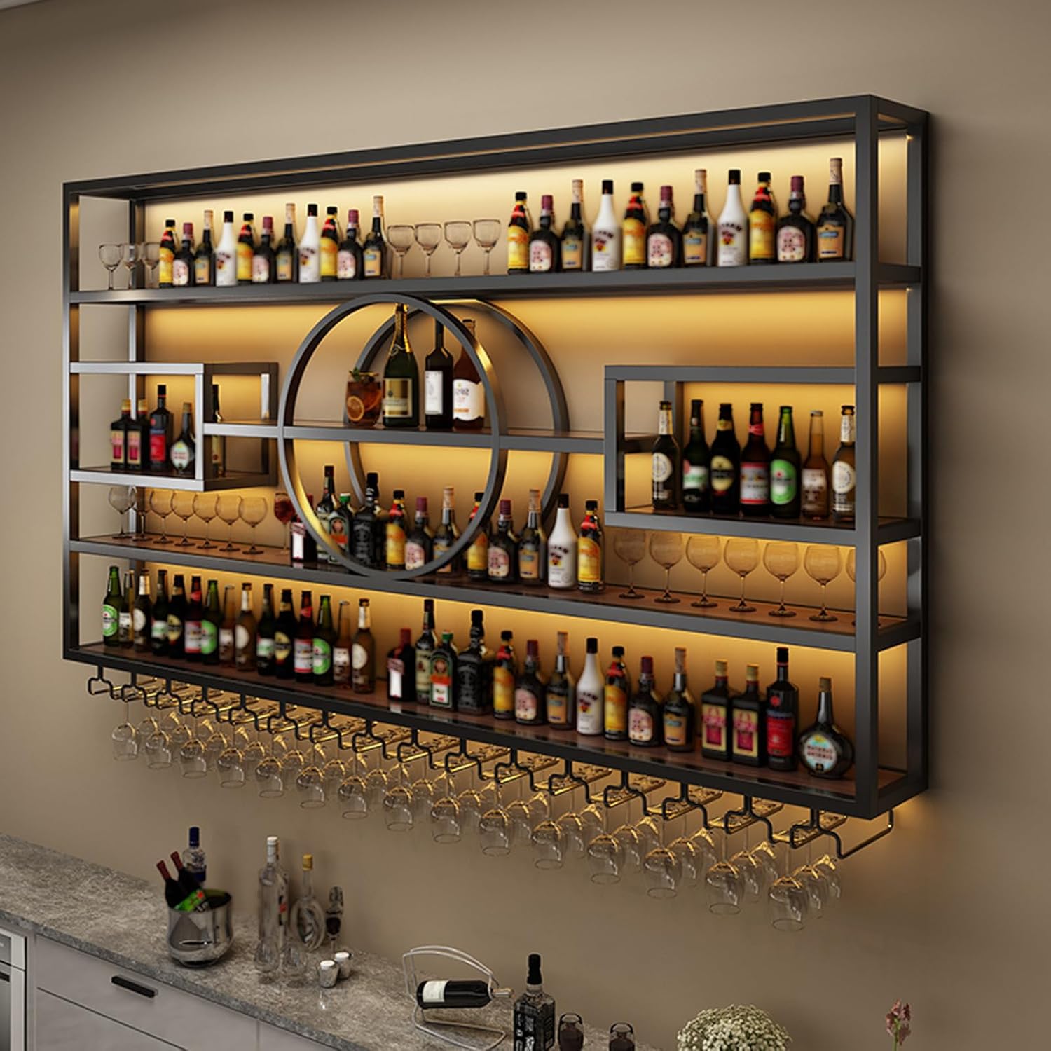 63in Wall Mounted Wine Rack Iron Display Stand for Bar Living Room