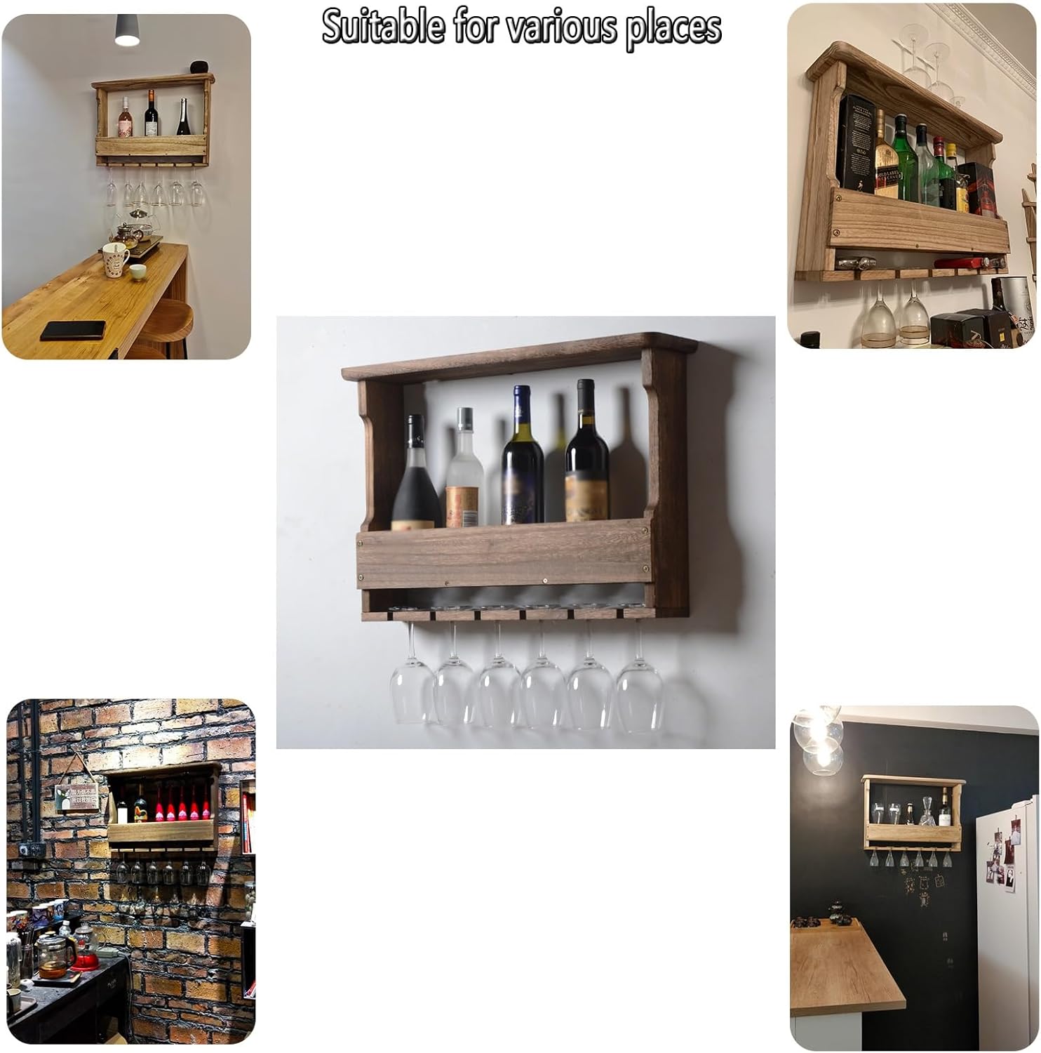 ERICAT Wall Mounted Wood Wine Rack for 6 Bottles Brown