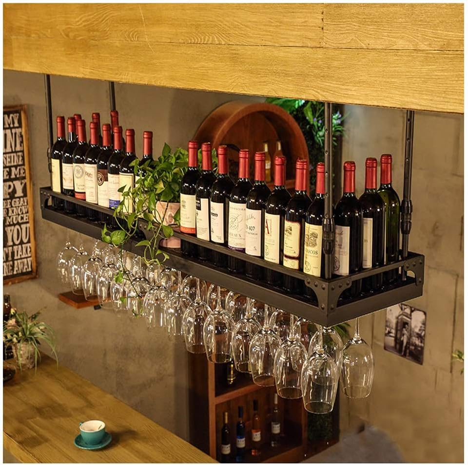 Retro Adjustable Ceiling Wine Rack with Crossbar Design