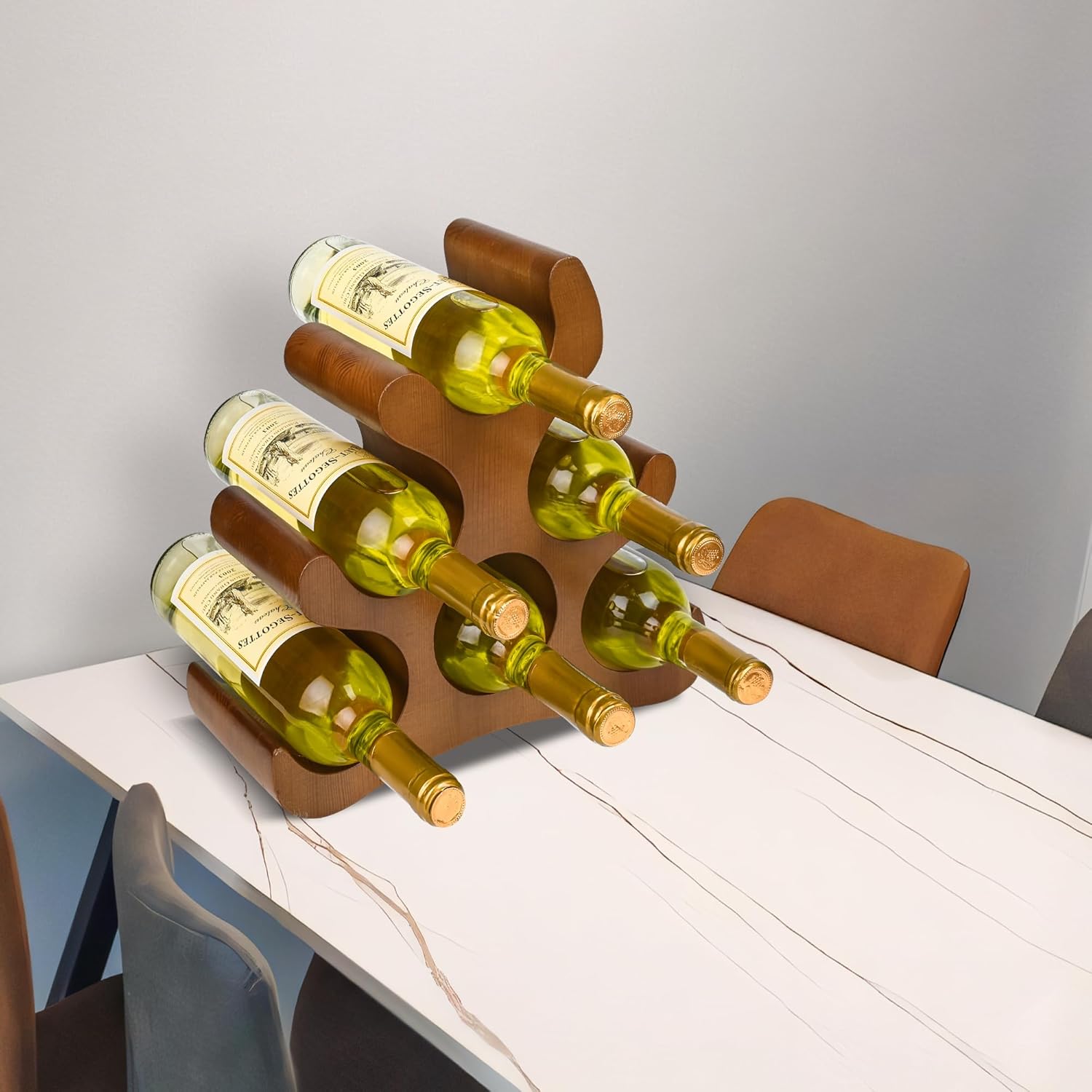 6 Bottle Countertop Wine Rack - Wooden Stand for Kitchen Bar Pantry
