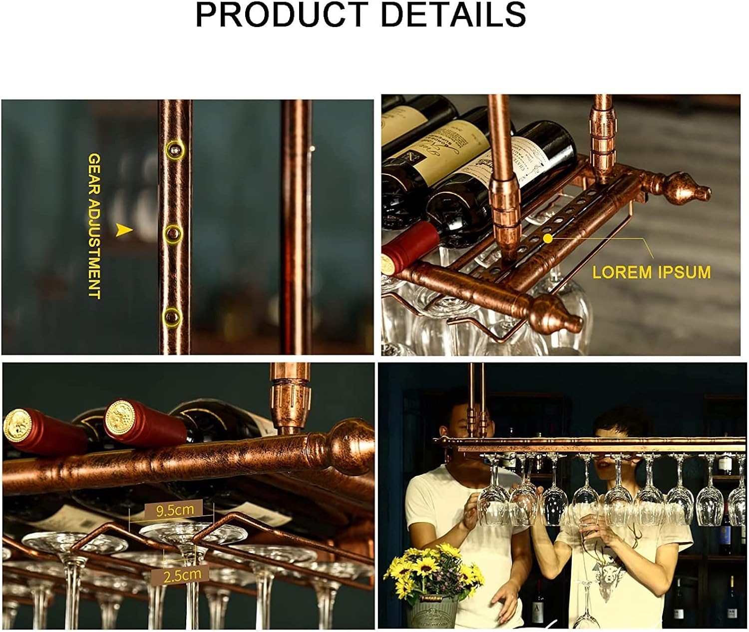 Wall Mounted Wine Rack with Glass Holder and Adjustable Ceiling Bar