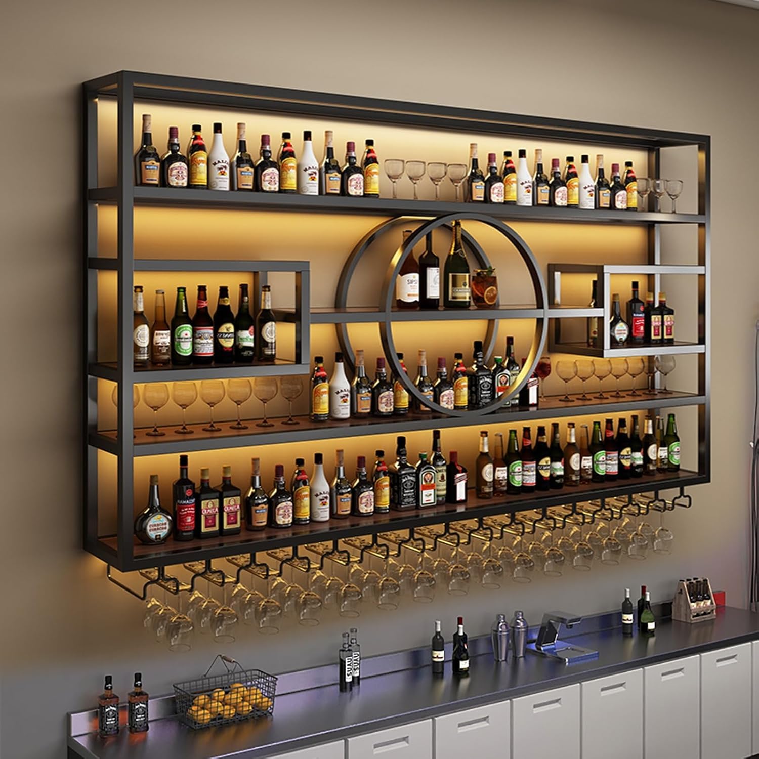 63in Wall Mounted Wine Rack Iron Display Stand for Bar Living Room