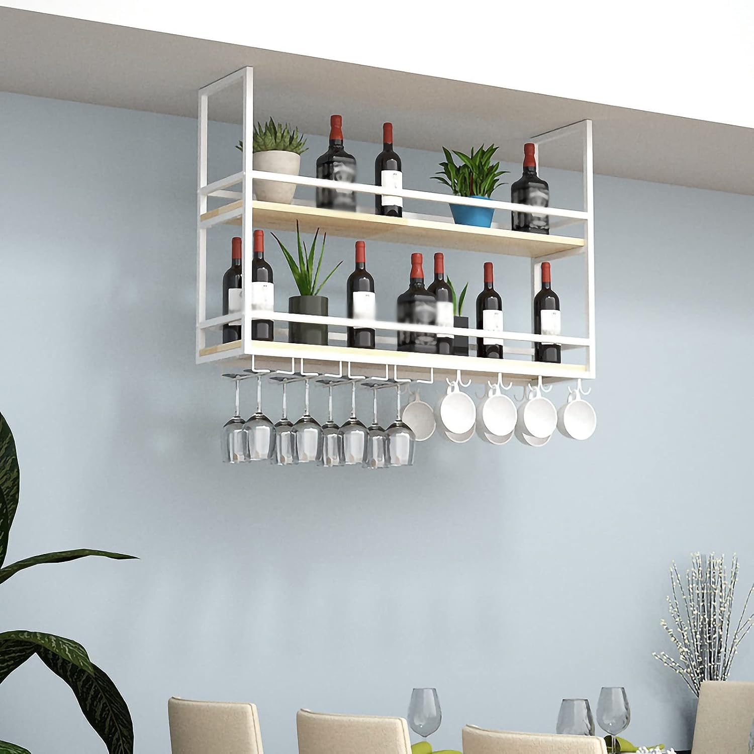 ZJDYDY 2 Tier Wall Mounted Wine Rack with Stemware Holder and Guard Rail