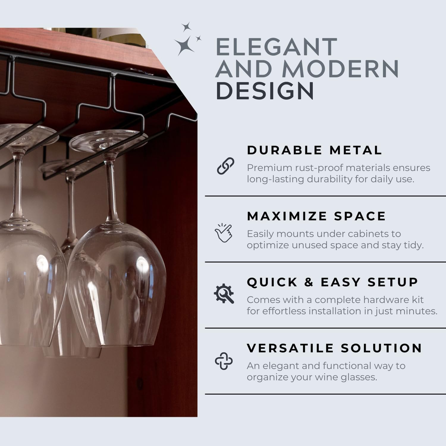 Maypes Wine Glass Holder - 4-Rack Heavy-Duty Metal Under Cabinet