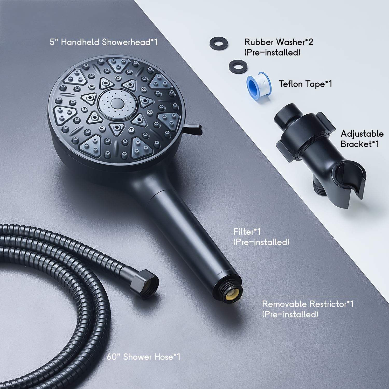 InoFlow High Flow Handheld Showerhead with 7 Modes and 60 Hose Matt Black