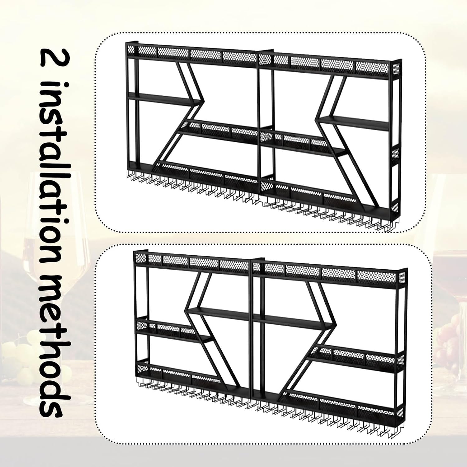 RAJYQODIS Wall-Mounted Wine Rack with Glass Holder 3-Tier Black Diamond Design